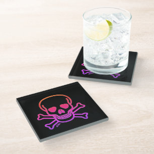 Neon Skull op Botten onderzetter van zwart glas
