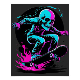 Neon Skull Skateboard Art – Edgy Skater Design Perfect Poster