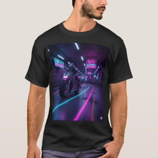Neon Snelweg Rijder | Cyberpunk Motor Kunst T-shirt