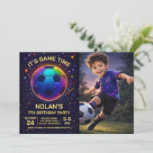 Neon Soccer Birthday Photo Invitation (Debout devant)