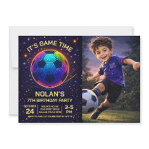 Neon Soccer Birthday Photo Invitation