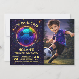 Neon Soccer Birthday Photo Invitation Kaart