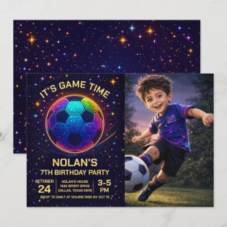 Neon Soccer Birthday Photo Invitation Kaart
