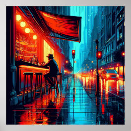 Neon Solitude: Regenachtige Nacht in het City Cafe Poster