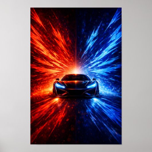 Neon Split Speed Supercar – Rood & Blauw Energie B Poster (Voorkant)