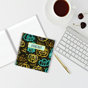 Neon Spooky Halloween Ghost Bats Pumpkins Patroon Notitieboek