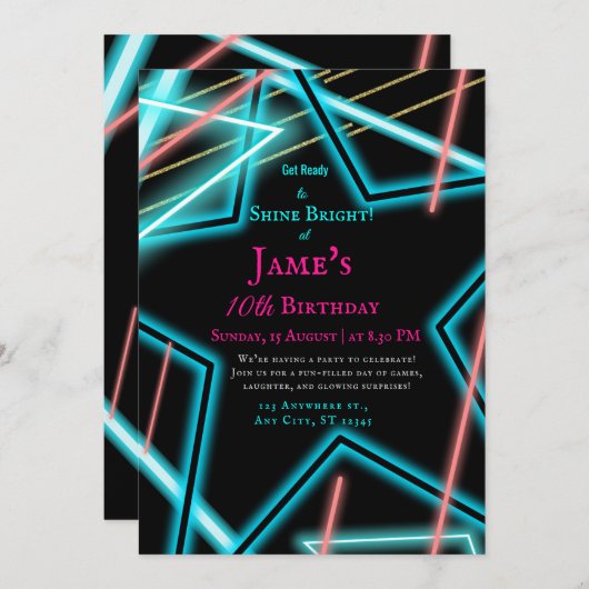 Neon star rétro Style Euphoria invitation annivers (Devant / Derrière)