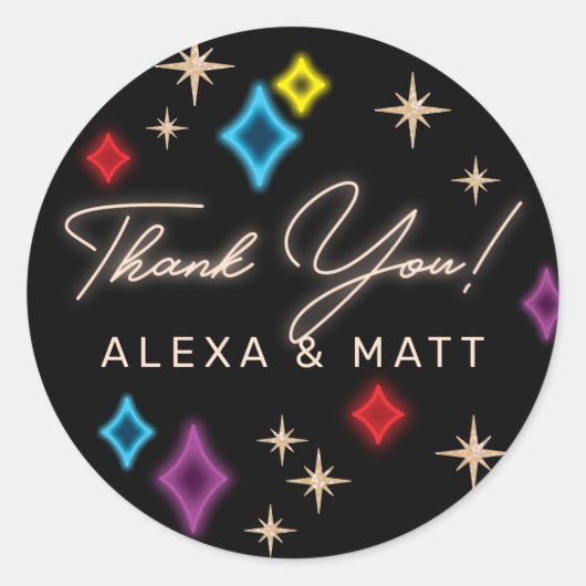 Neon Stars Vegas Bruiloft Dank u Ronde Sticker (Voorkant)