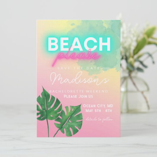 Neon Strand Please Bewaar Datum Bruidsfeest Borrel Kaart (Staand voorkant)