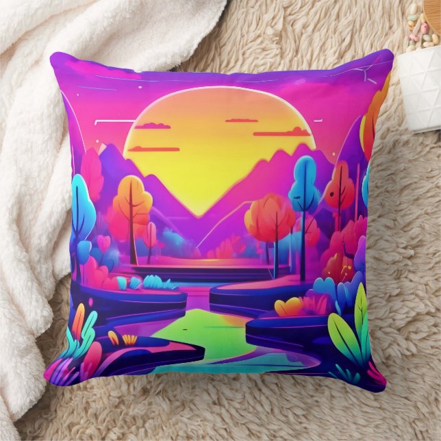Neon Sunset Landschap Kussen (Deken)