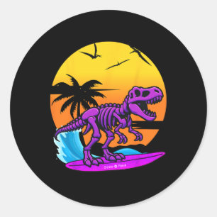 Neon surfen T-rex skelet met vintage strand retro Ronde Sticker