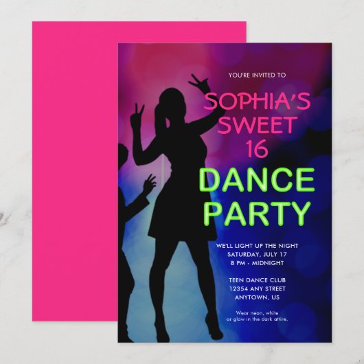 Neon Sweet 16 Anniversaire Dance Party Invitation (Devant / Derrière)