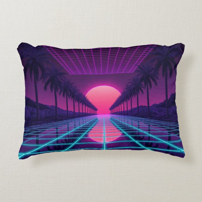 Neon Synthwave Grid & Palms Retro Kussen (Voorkant)
