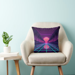 Neon Synthwave Grid & Palms Retro Kussen