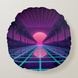 Neon Synthwave Grid & Palms Retro Kussen