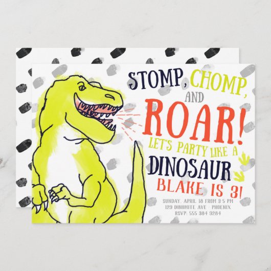 Neon T-Rex Dinosaur Verjaardagsfeestje Uitnodiging (Voorkant / Achterkant)