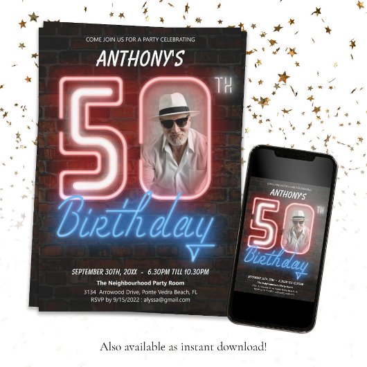 Neon teken retro aangepaste foto 50e verjaardagsfe kaart