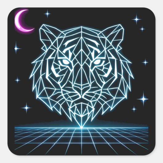 Neon Tiger Synthwave – Electric Striker Retro Vierkante Sticker (Voorkant)