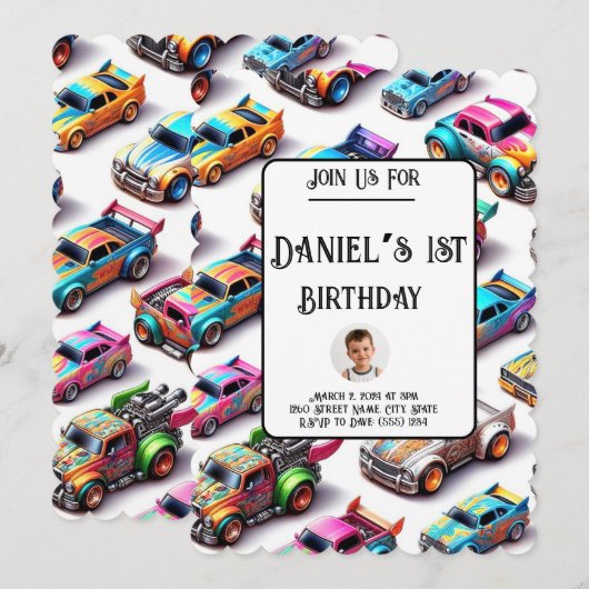 Neon Toy Car Thème 1er Anniversaire Invitation (Devant / Derrière)