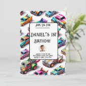 Neon Toy Car Thème 1er Anniversaire Invitation (Debout devant)