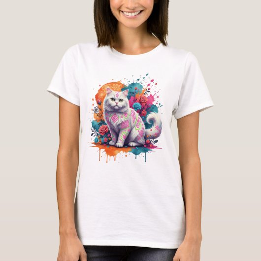 Neon Tribal Cat Fantasy Art T-shirt (Voorkant)
