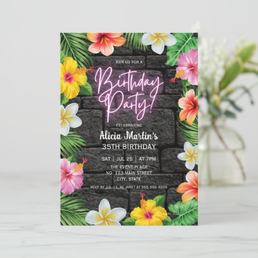 Neon Tropical Forest Zomer Hawaii Verjaardagsfeest Kaart (Staand voorkant)