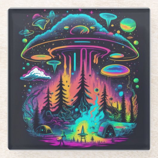 Neon UFO en Alien Scene Psychedelische Kunst Glazen Onderzetter (Voorkant)
