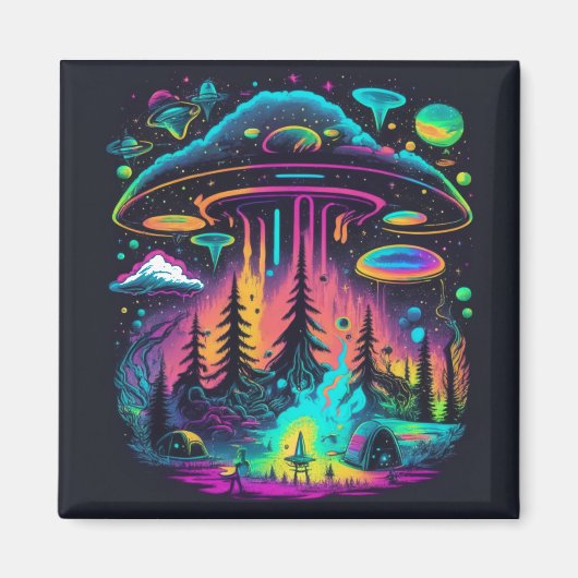 Neon UFO en Alien Scene Psychedelische Kunst Magneet (Voorkant)