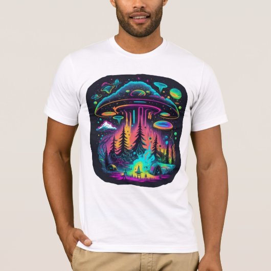 Neon UFO en Alien Scene Psychedelische Kunst T-shirt (Voorkant)