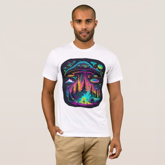 Neon UFO en Alien Scene Psychedelische Kunst T-shirt (Voorkant volledig)