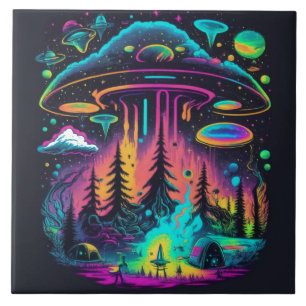 Neon UFO en Alien Scene Psychedelische Kunst Tegeltje