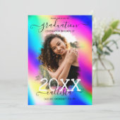 Neon Unicorn Holographic Photo Collage Afstuderen Kaart (Staand voorkant)