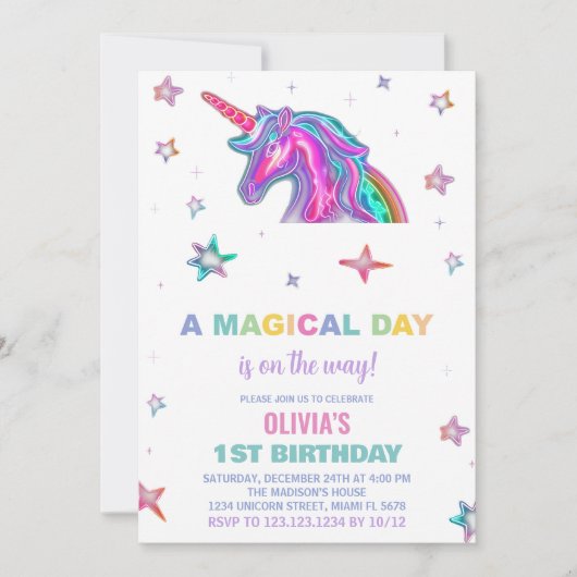 Neon Unicorn Invitations d'anniversaire (Devant)