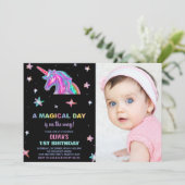 Neon Unicorn Invitations d'anniversaire avec photo (Debout devant)