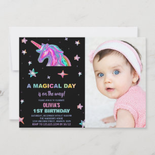 Neon Unicorn Invitations d'anniversaire avec photo