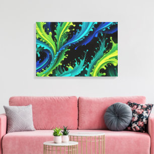 Neon verf spettert op zwart canvas afdruk