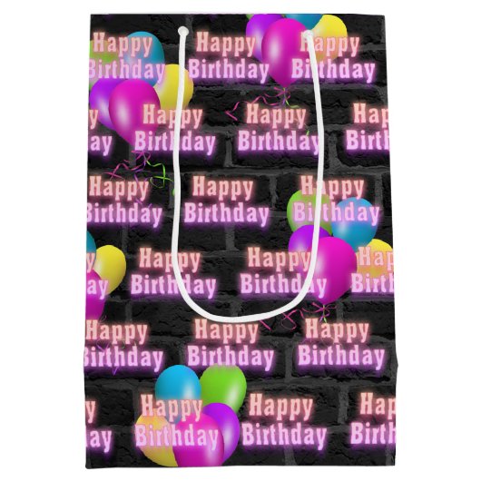 Neon Verjaardag en Ballonnen op Brick Medium Gift Medium Cadeauzakje (Achterkant)