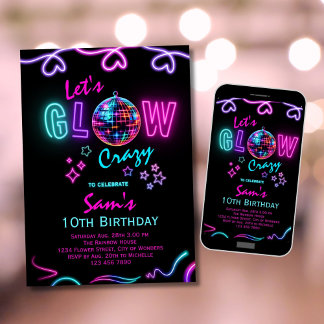 Neon Verjaardag Uitnodiging Meisjes Laten we Glow