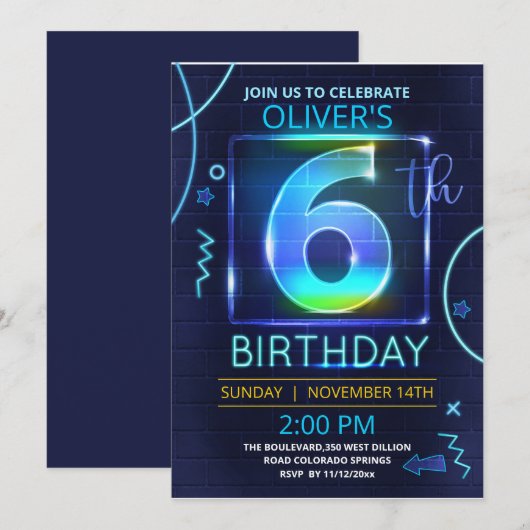 Neon verjaardagsuitnodiging kaart (Voorkant / Achterkant)