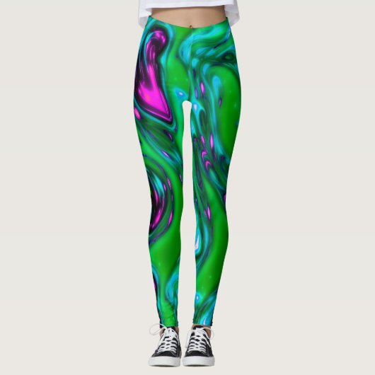 Neon vert et violet Liquide Leggings d'art Abstrai (Devant)