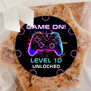 Neon Video Game Niveau Omhoog Verjaardag Ronde Sticker