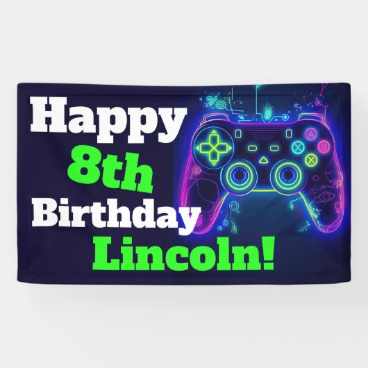 Neon Video Gamer Arcade Gaming Happy Birthday Spandoek (Horizontaal)