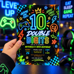 Neon videogame dubbele cijfers jongen 10e verjaard kaart