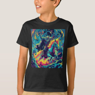 Neon Viking krijger die op een brandende eenhoorn T-shirt