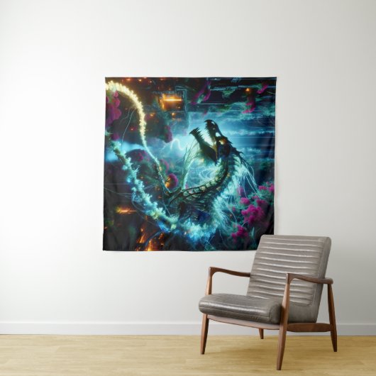 Neon Vines & Dragon Botten: Eclipse in een futuris Wandkleed (In Situ (horizontaal))