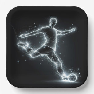 Neon voetbalspeler op zwart papieren bordje