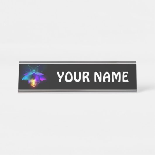 Neon vuurvlieg op zwart bureau naambordje (Voorkant)