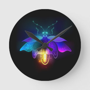 Neon vuurvlieg op zwart ronde klok