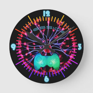 NEON Wall Clock Girl Gamers Plasma Ball Ronde Klok
