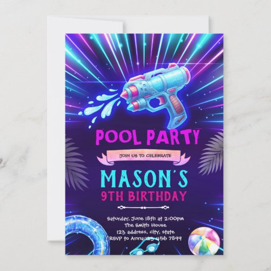 Neon Watergun Party Invitation Kaart (Voorkant)
